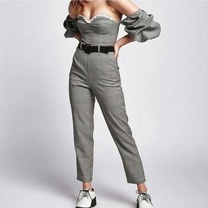 Eggie Jumpsuit Off Shoulder Puff Sleeve Milkmaid Houndstooth Belted Plaid XS